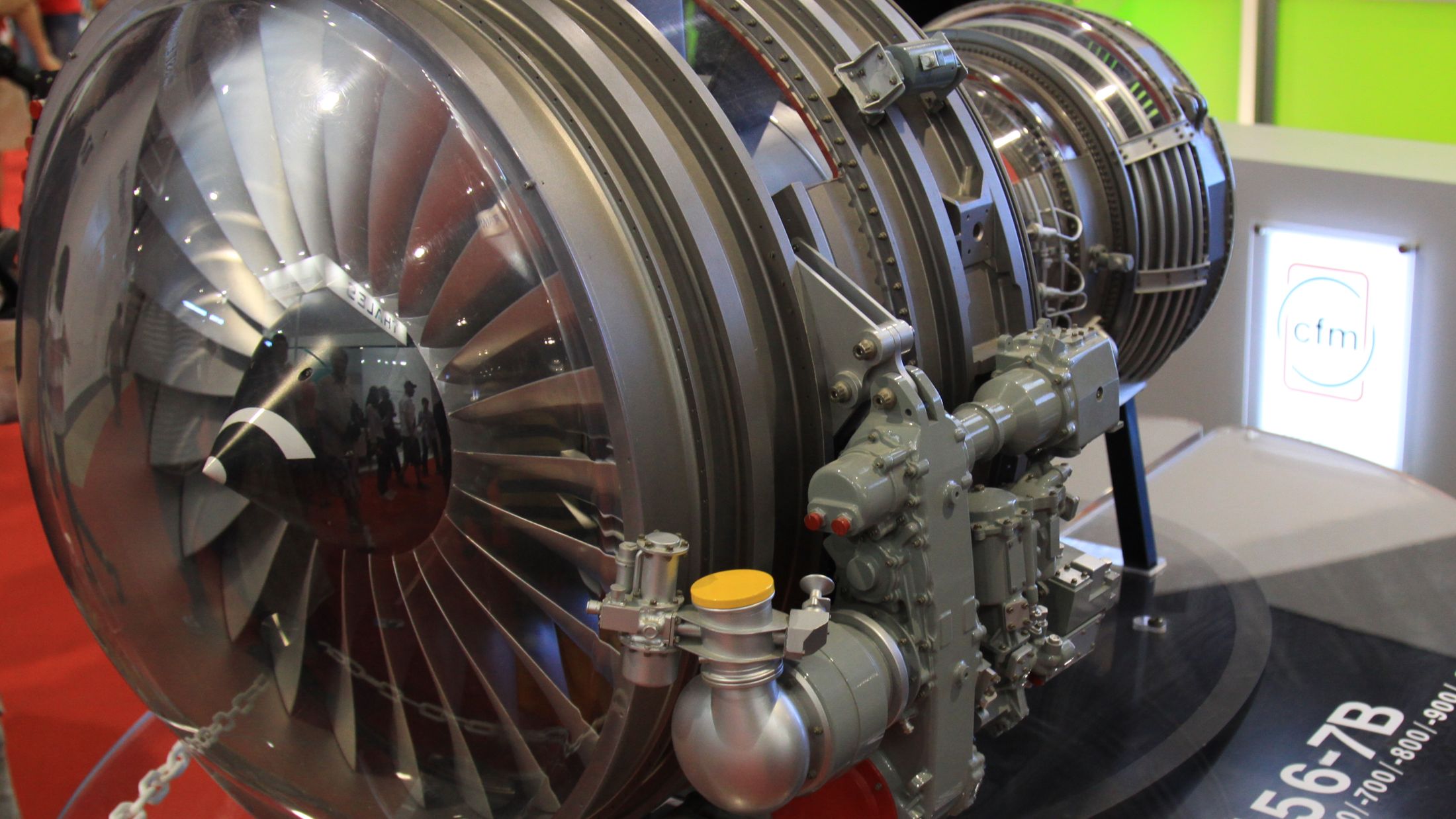 A CFM56-7B turbofan engine on display